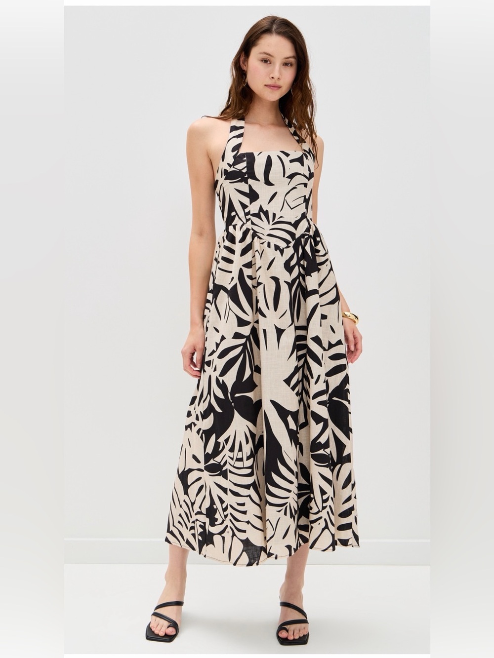 Seven wonders Black and Cream Tropical Print Halter midi sundress NWT size S